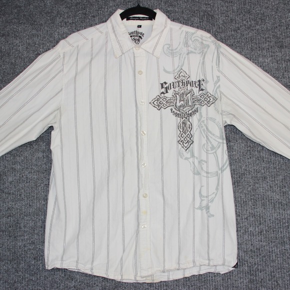 Y2K Southpole Premium Mens Large Button Down Shirt Stripe Cross Graphic - Picture 1 of 9